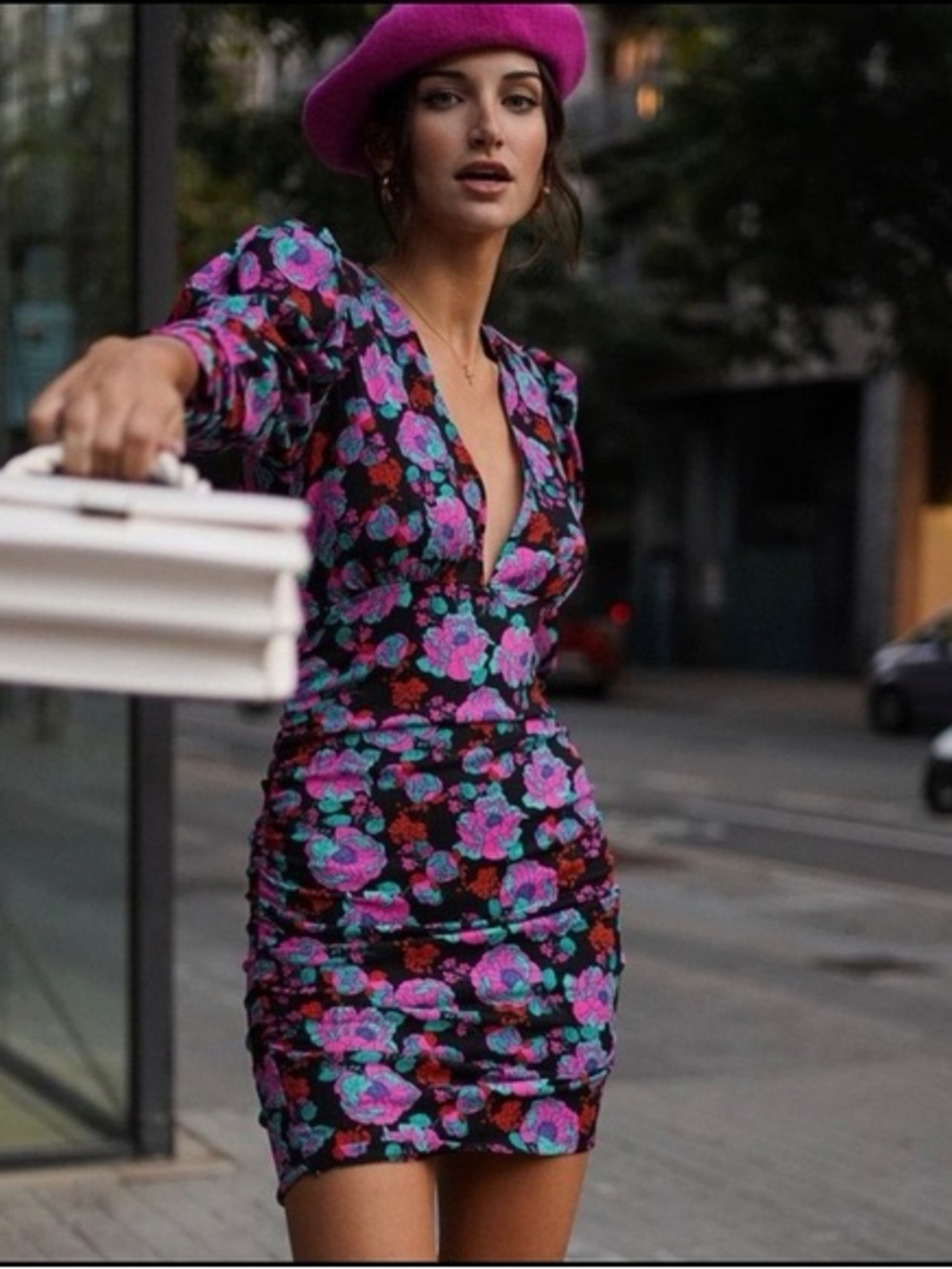 Zara Vibrant Puff Sleeve Floral V-Neck Ruched Mini Dress in Black and Pink